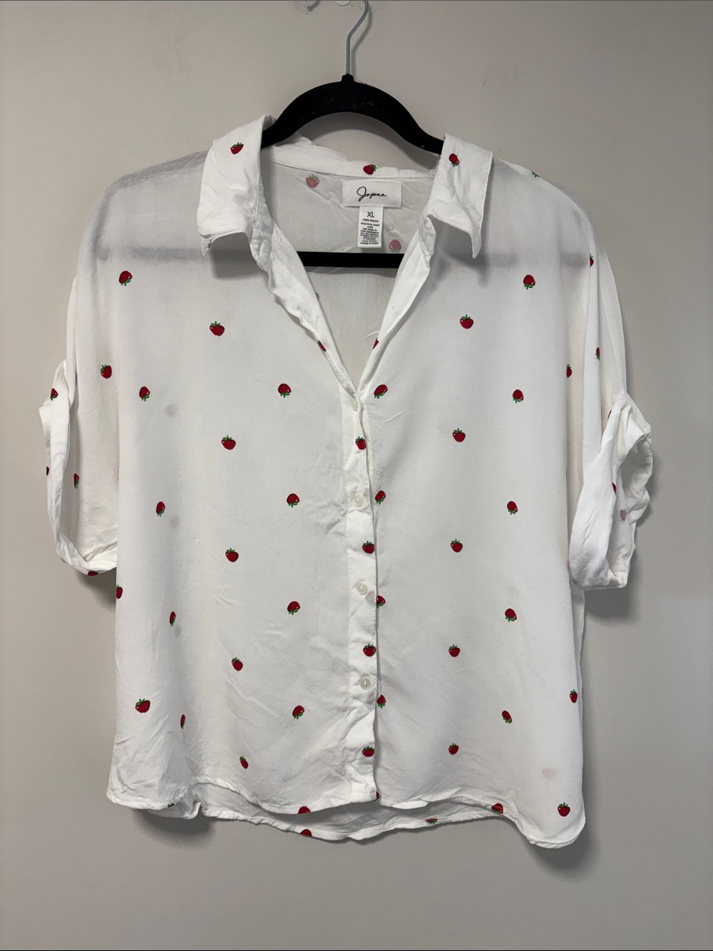 Japna White Button-Down Blouse with Red Strawberry Print